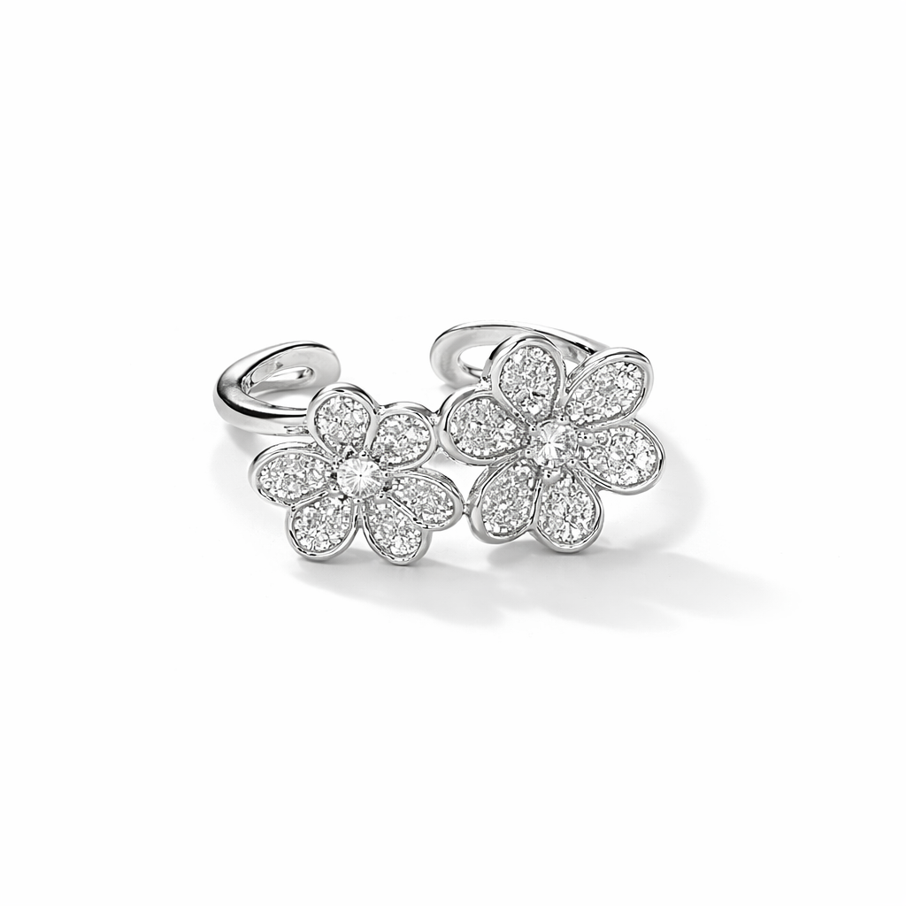 Double Floral Open Ring – White Gold Finish