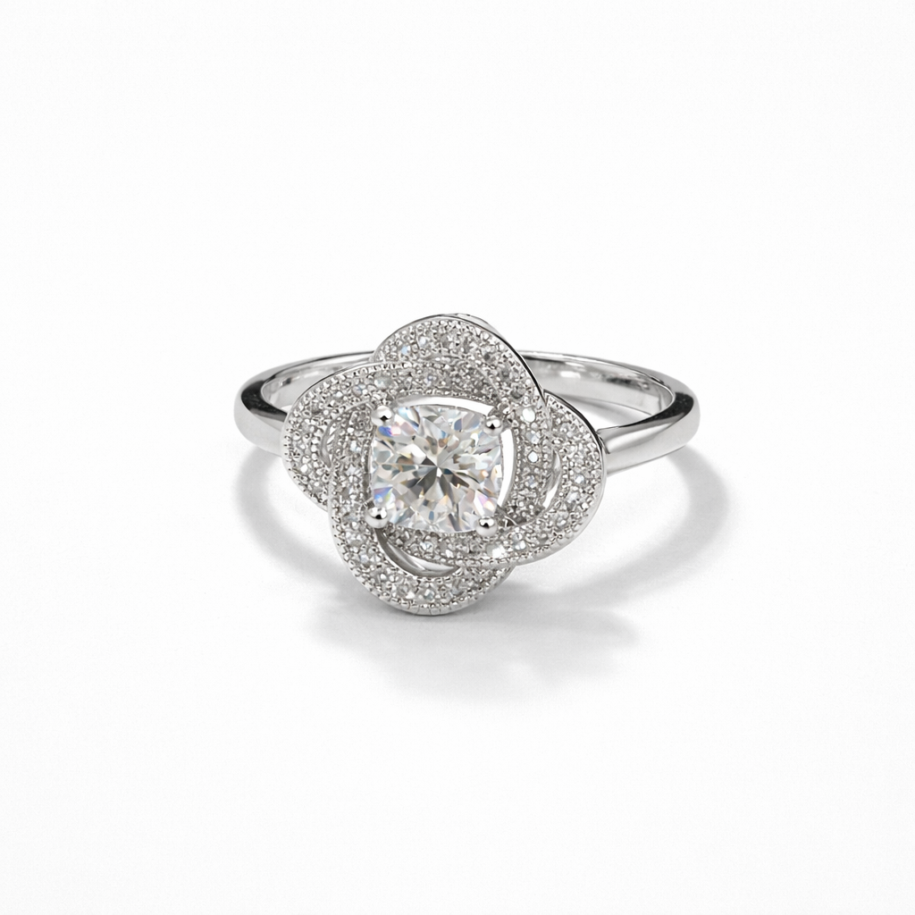 Floral Halo Moissanite Ring – White Gold Finish