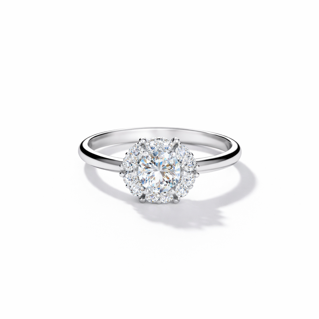 Round Halo Moissanite Engagement Ring – 18K White Gold Finish