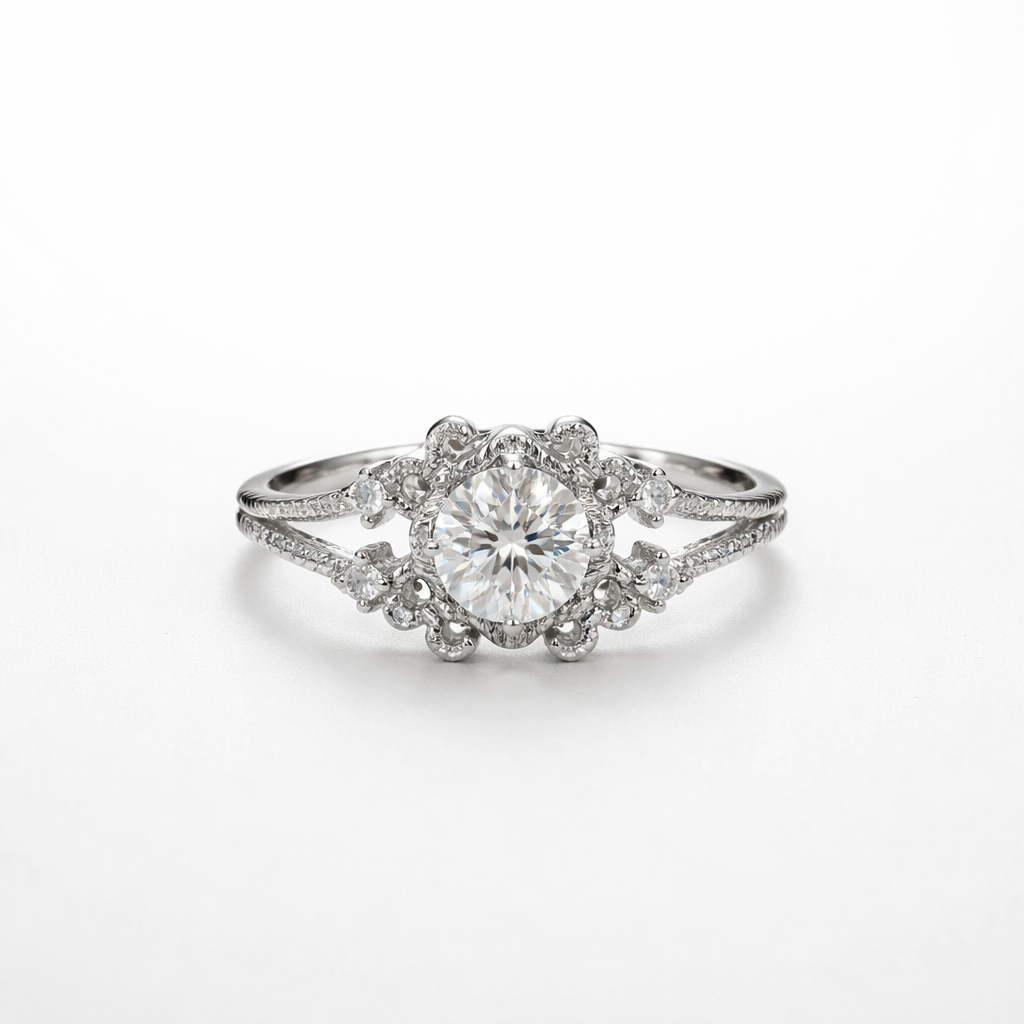 Vintage Halo Ice Blue Moissanite Engagement Ring – White Gold Finish