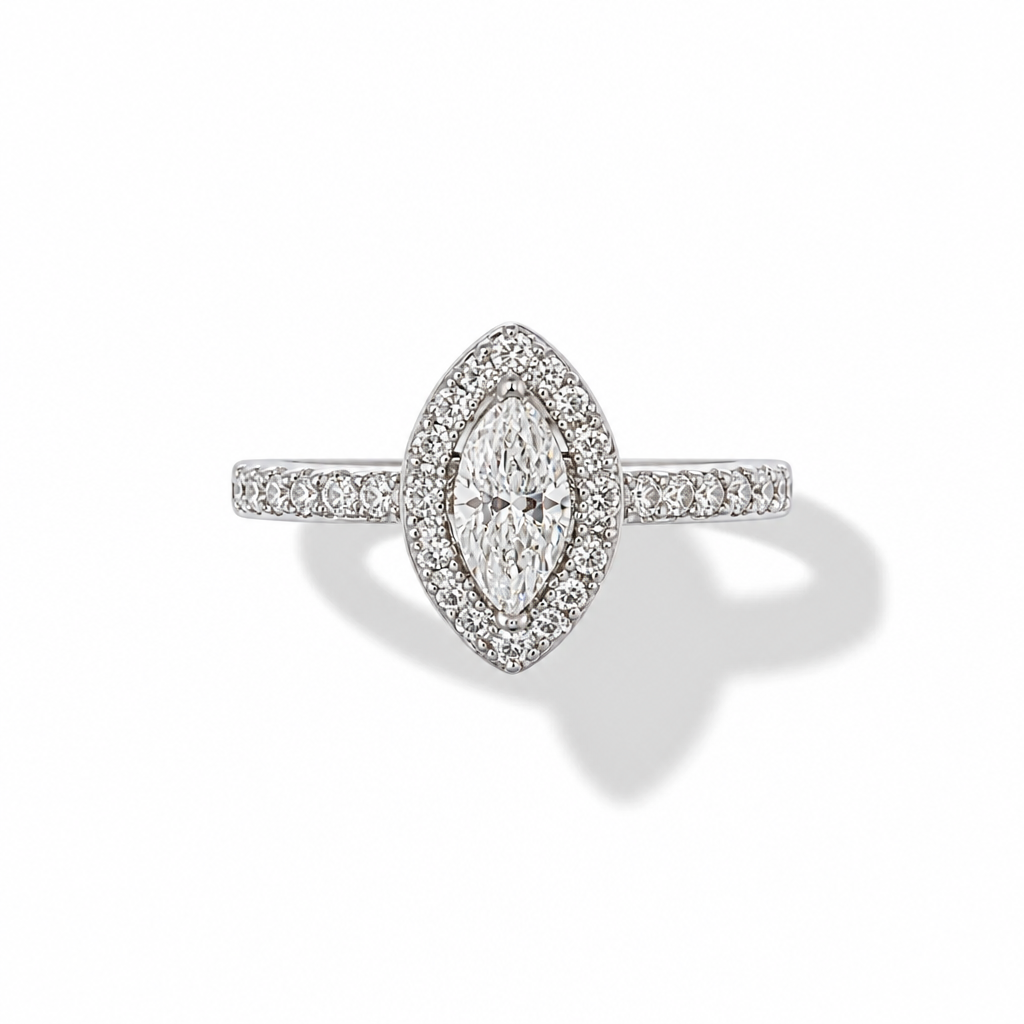 Marquise Halo Engagement Ring – White Gold Finish
