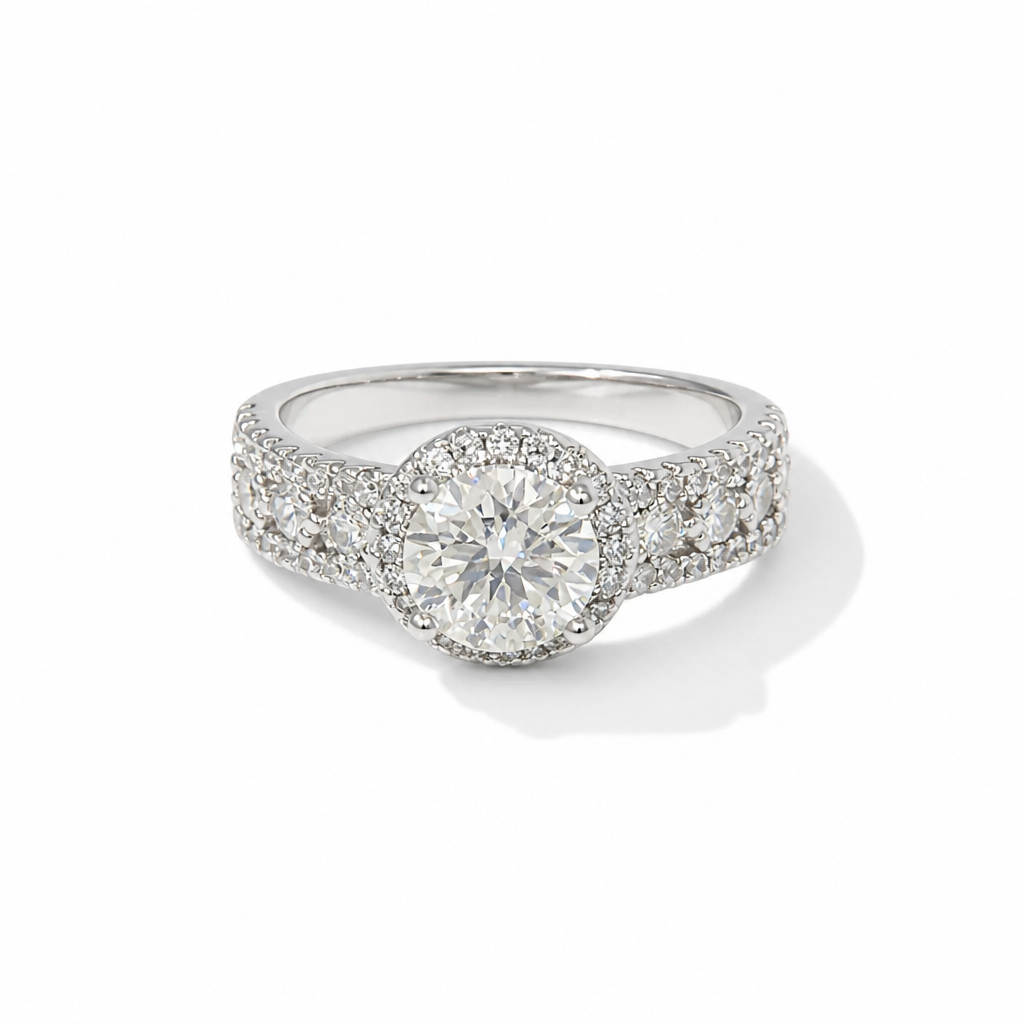 Round Halo Moissanite Engagement Ring – Pavé Band | White Gold Finish