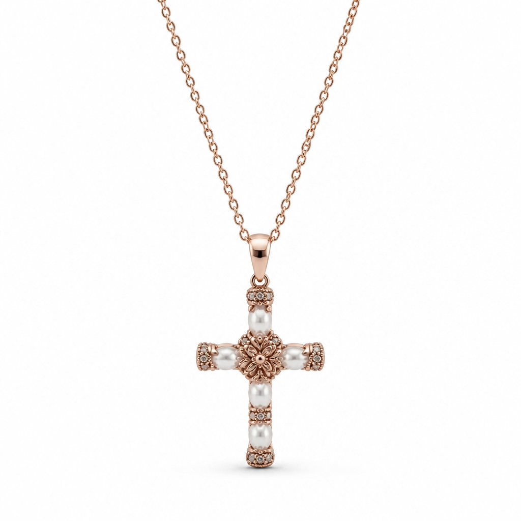 White Opal Cross Pendant Necklace – Rose Gold Finish