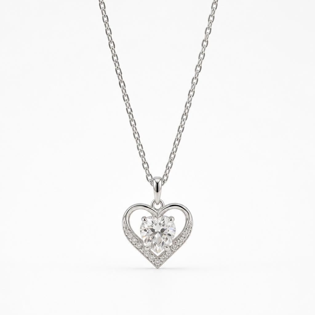 Heart Moissanite Pendant Necklace – 18K White Gold finish