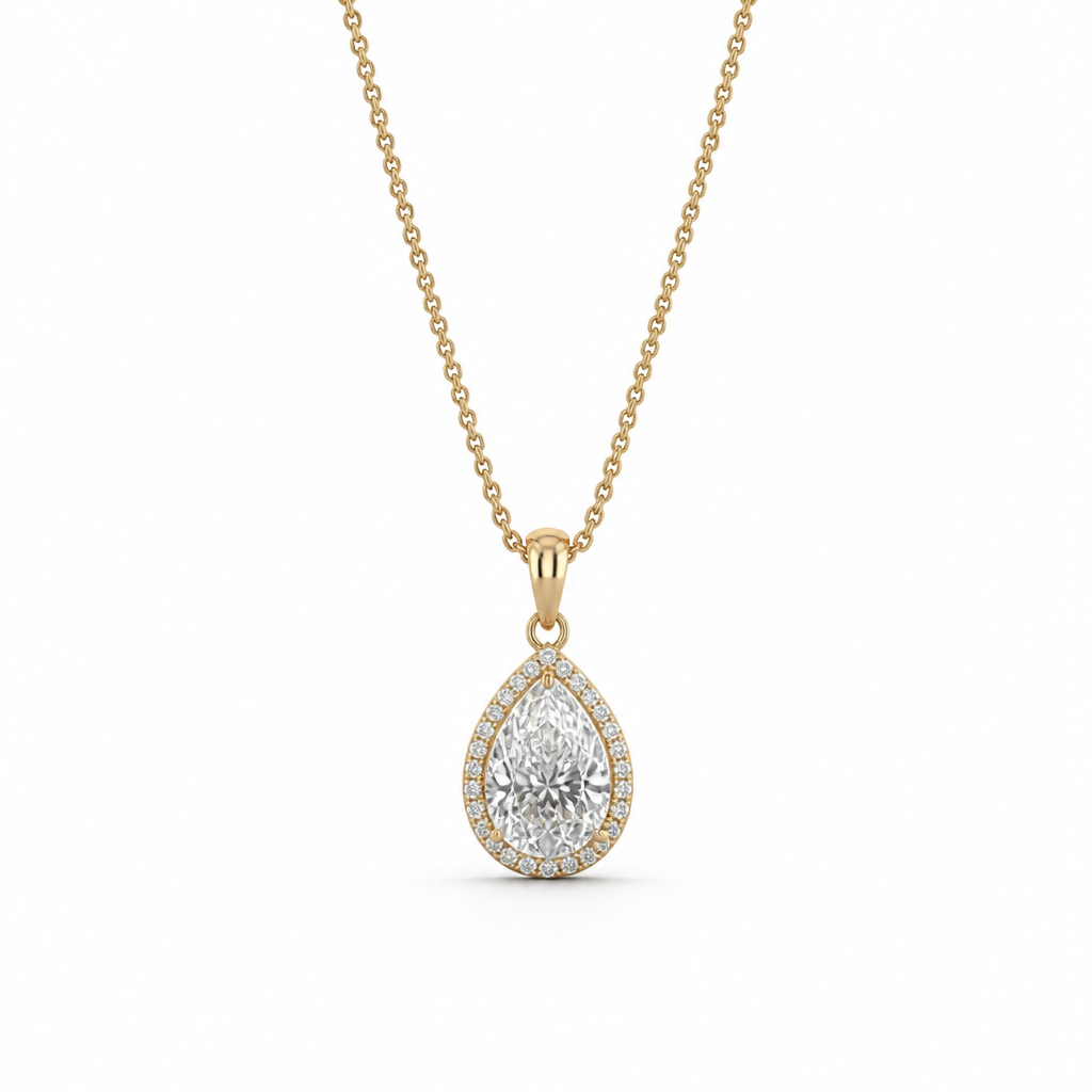 Pear Halo Moissanite Pendant Necklace – Sterling Yellow Gold Finish Sterling Silver