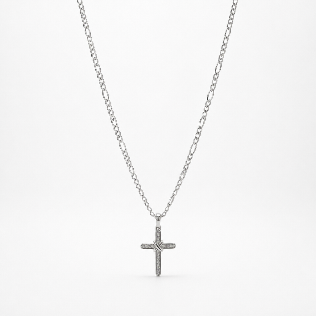 Petite Cross Figaro Necklace – Sterling Silver