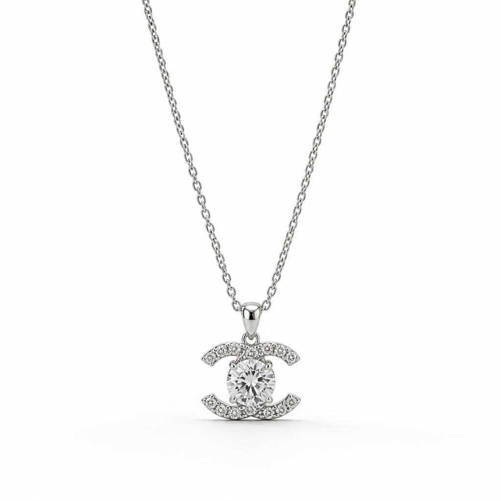 Interlocking Crystal Pendant Necklace – 18K White Gold Finish