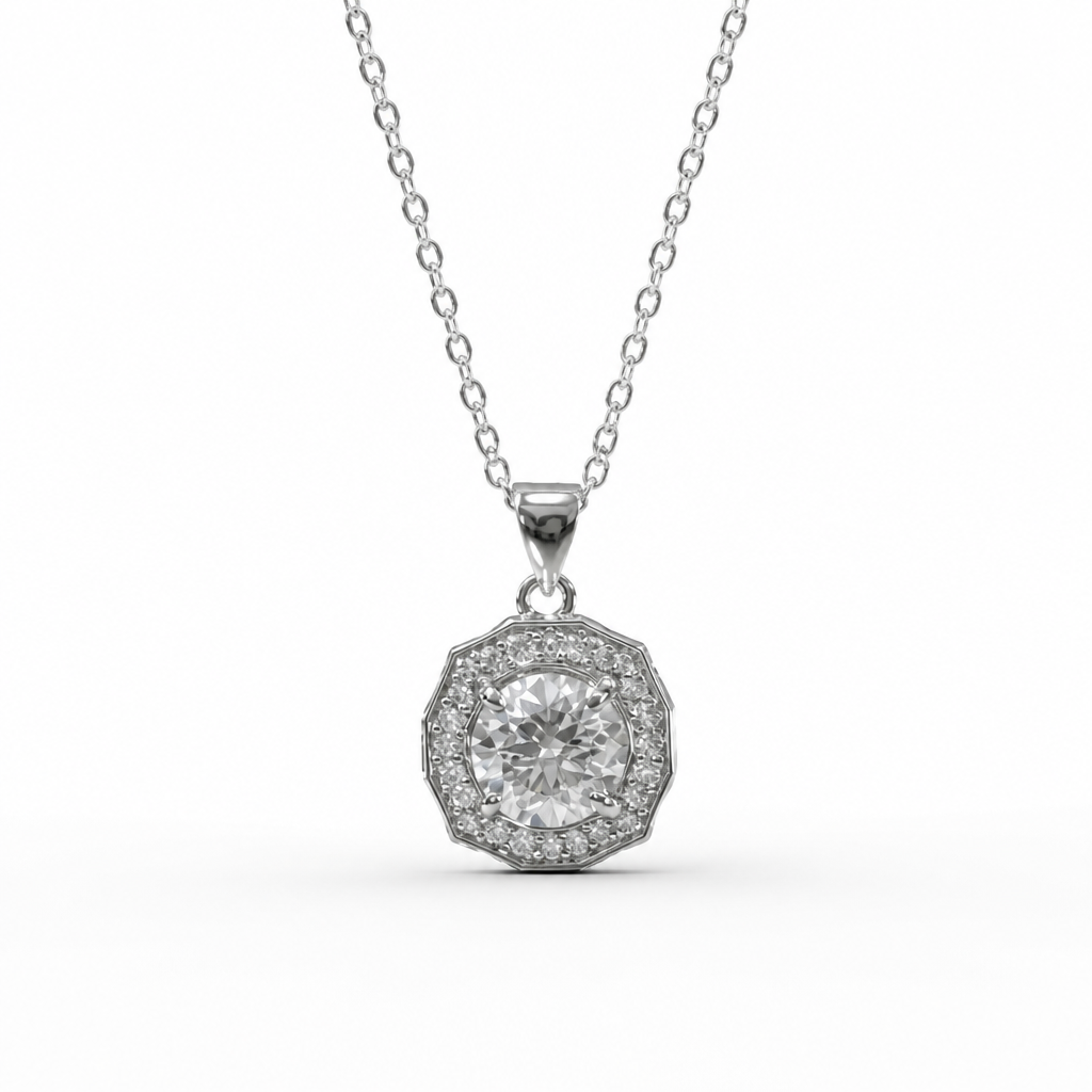 Round Medallion Moissanite Pendant Necklace – 18K White Gold finish