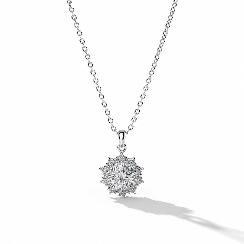 Floral Halo Moissanite Pendant Necklace – White Gold Finish
