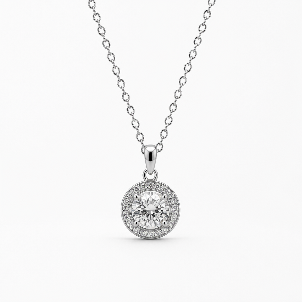 Round Halo Moissanite Pendant Necklace – White Gold Finish