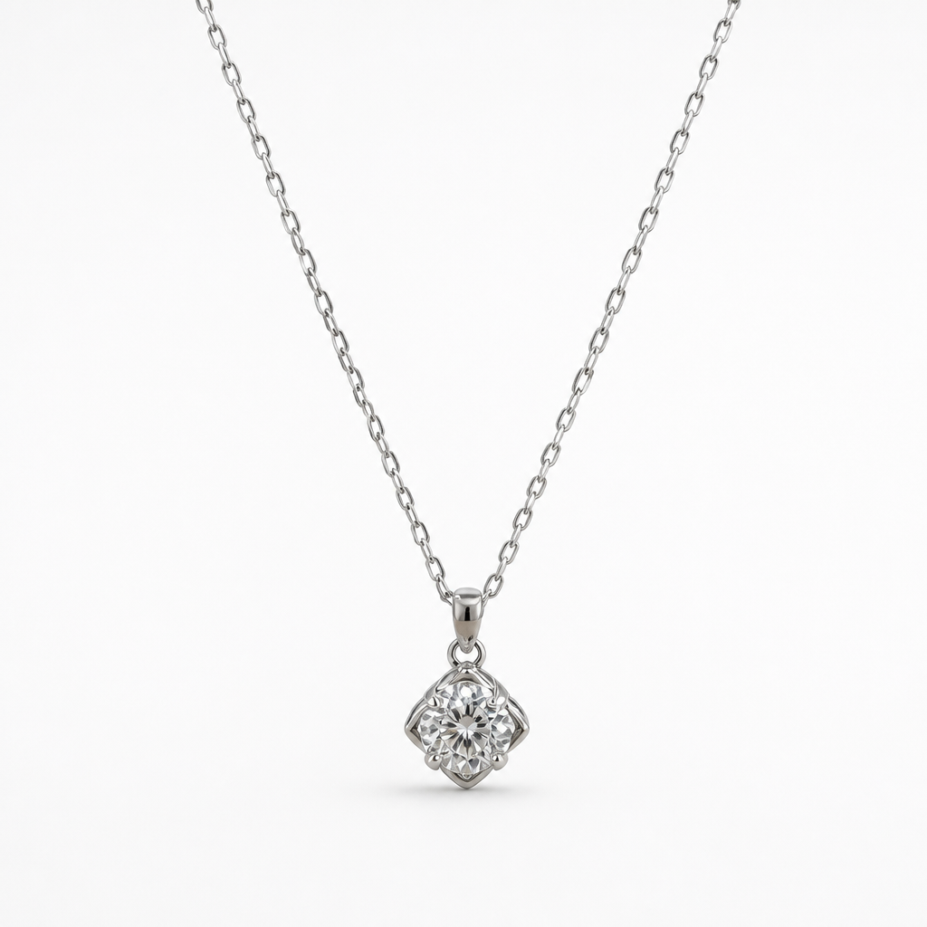 Petite Round Moissanite Pendant Necklace – 18K White Gold Finish