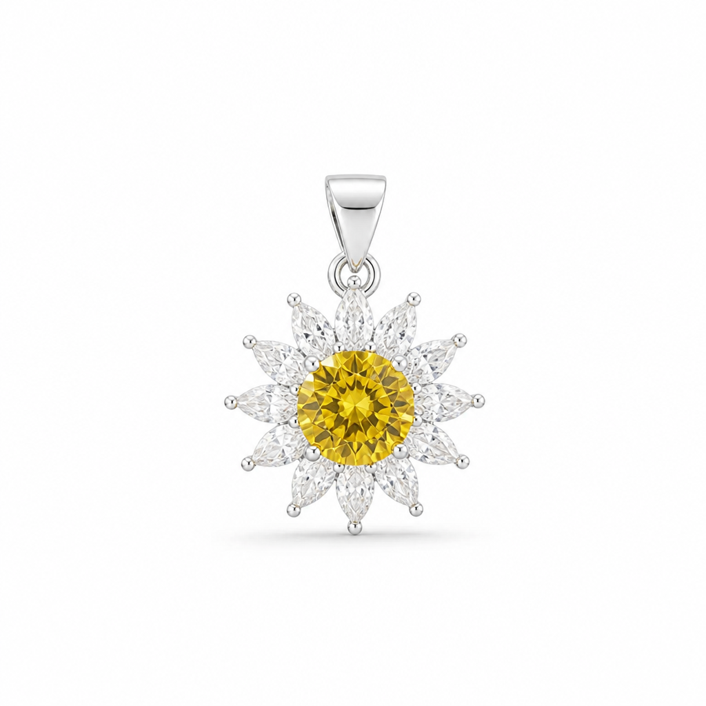 Sunburst Moissanite Pendant Necklace –18K White Gold Finish|