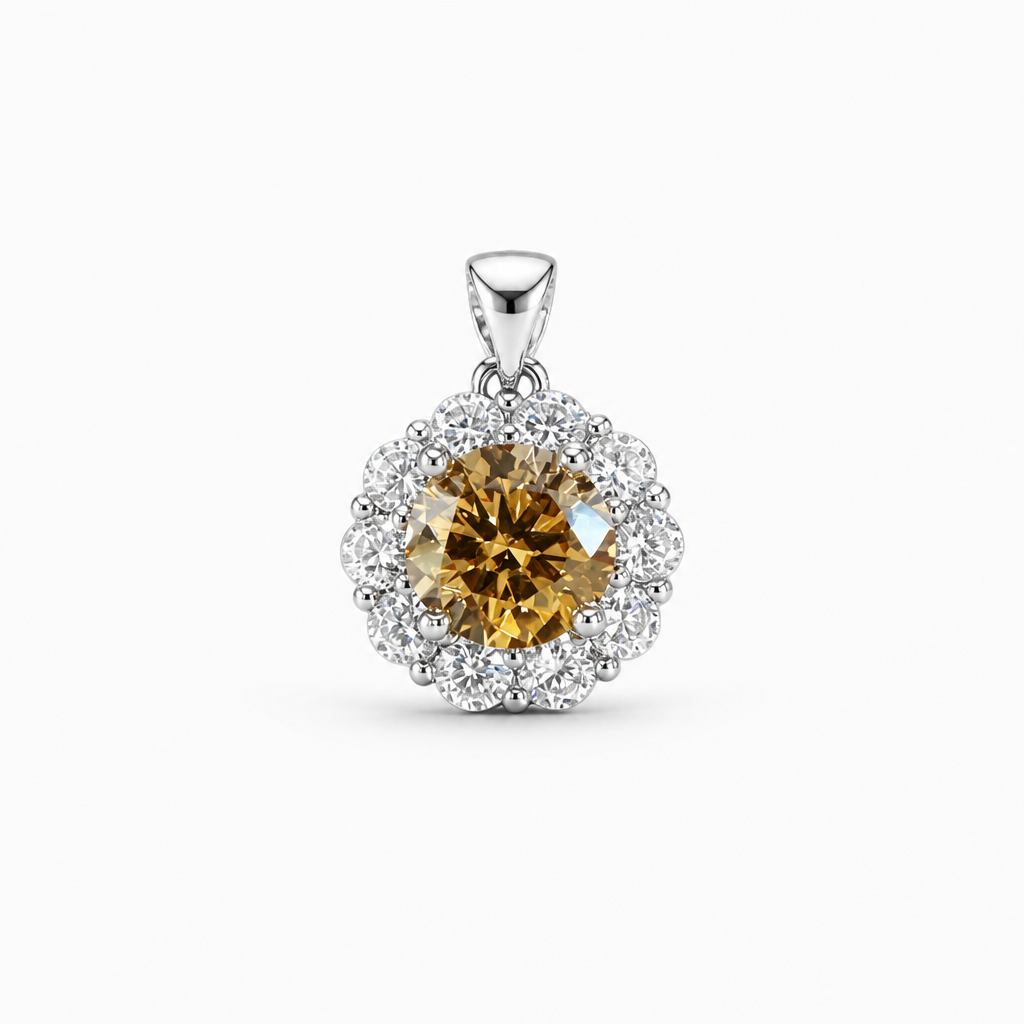 Champagne Round Halo Pendant Necklace – White Gold finish