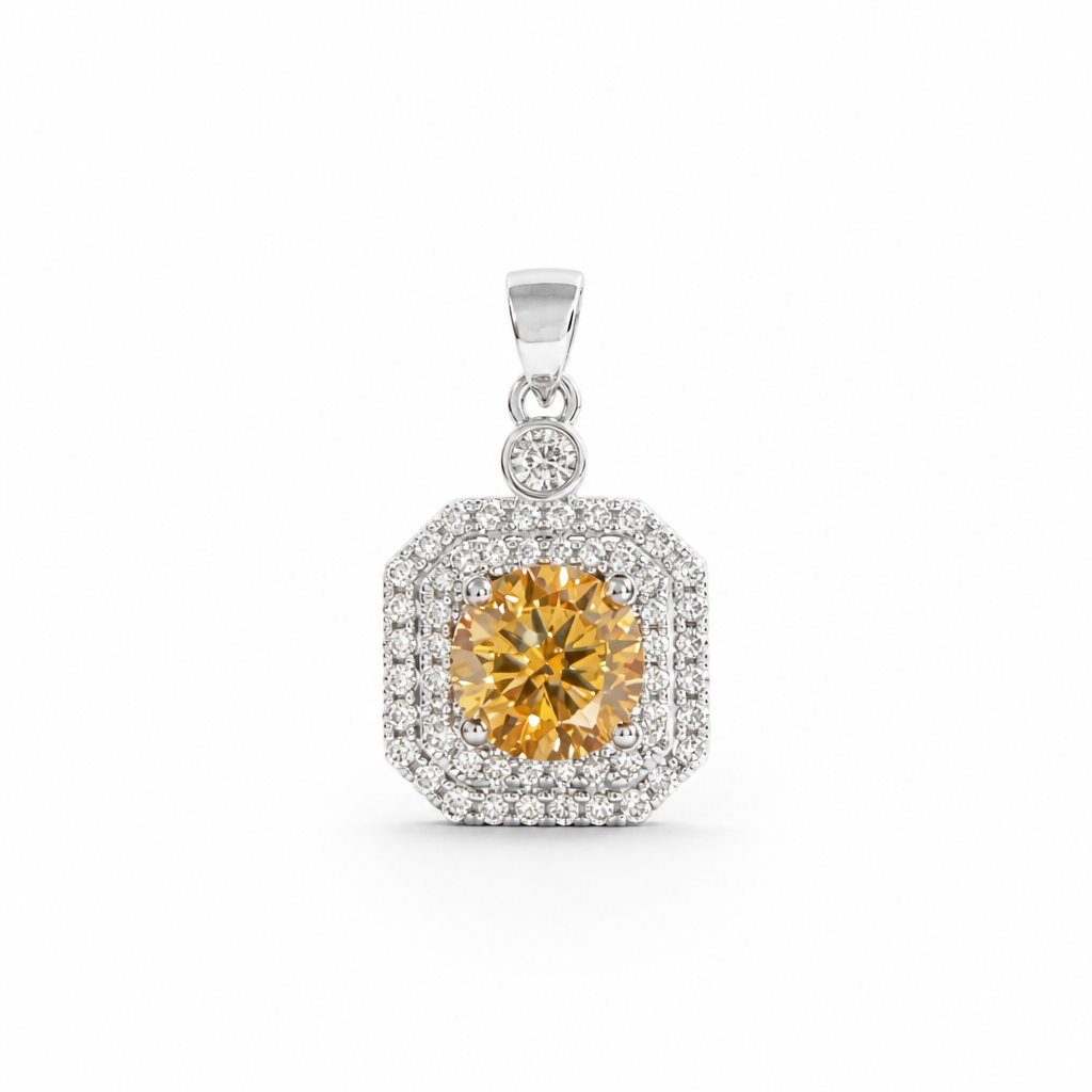Champagne Cushion Halo Pendant– White Gold Finish