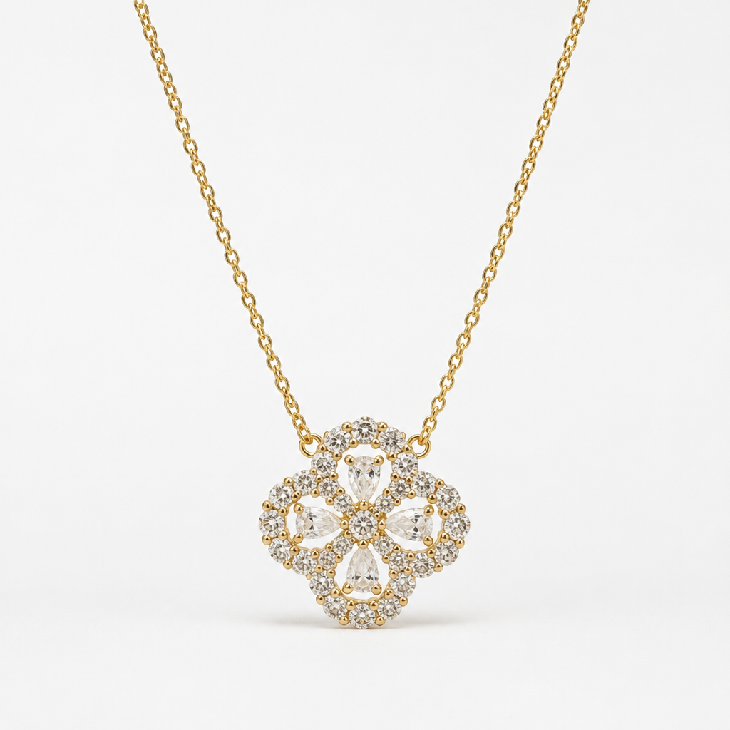 Clover Pavé Pendant Necklace – 18K Yellow Gold Finish