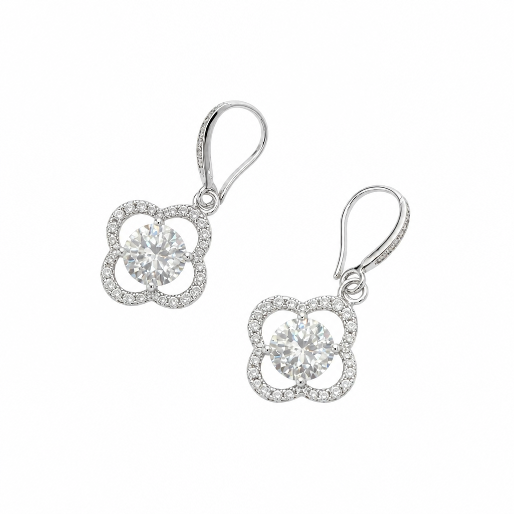 Clover Moissanite Drop Earrings – 18K White Gold finish