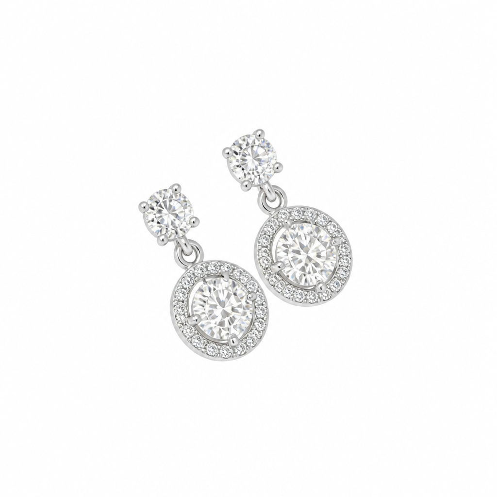 Round Halo Moissanite Drop Earrings – White Gold finish