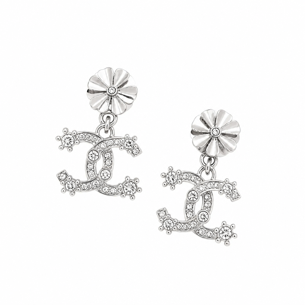 Floral Monogram Drop Earrings –White Gold finish