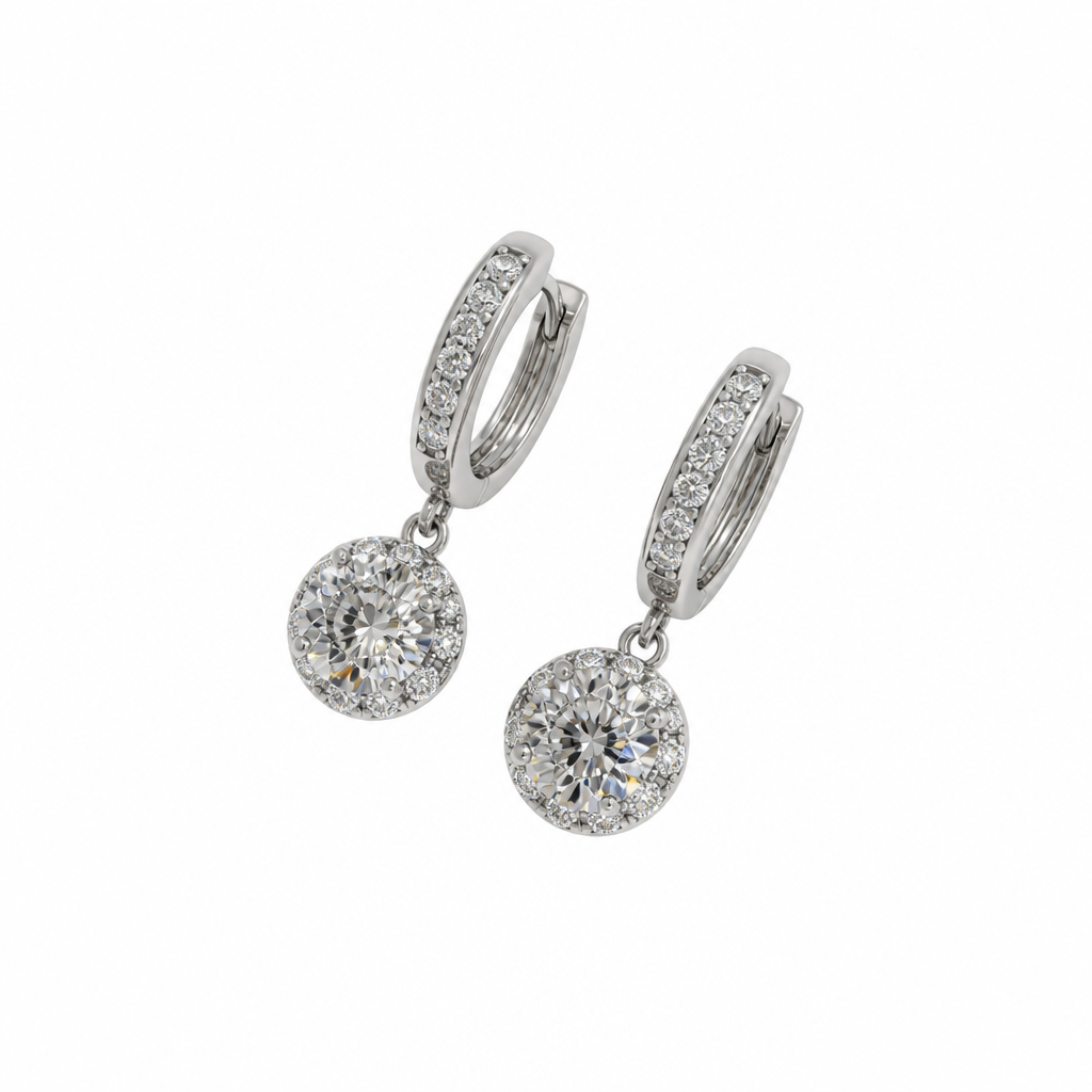Round Halo Huggie Drop Earrings – White Gold finish