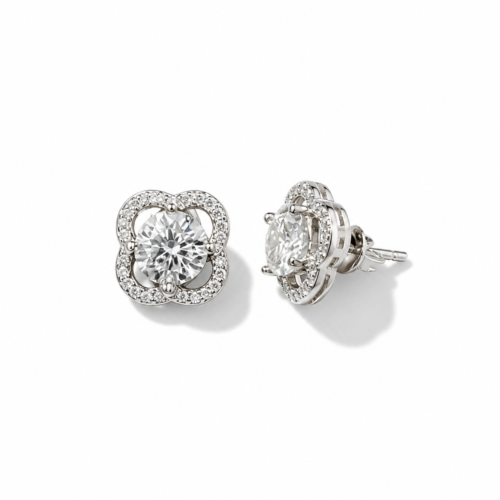 Clover Halo Moissanite Stud Earrings – 18K White Gold finish