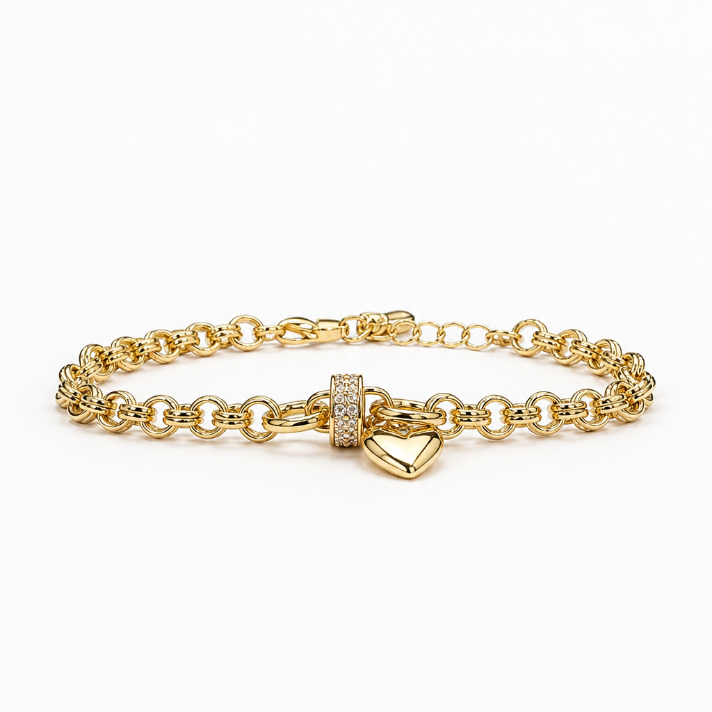 Heart Charm Chain Bracelet – Yellow Gold Finish