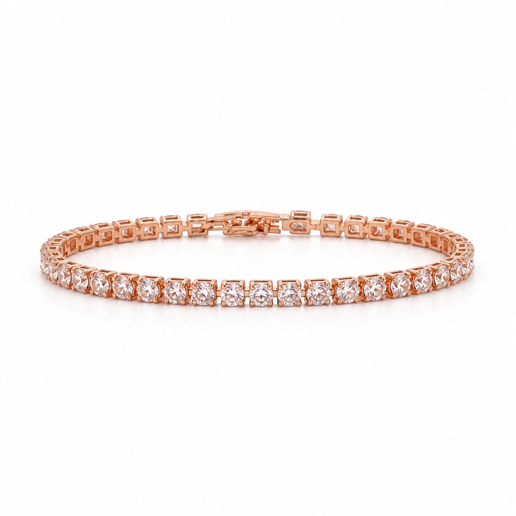 Round Ice Blue Sapphire Tennis Bracelet – Rose Gold Finish Sterling Silver