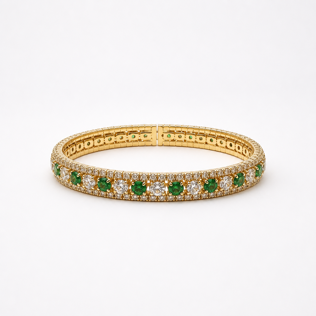 Green Gemstone Bangle Bracelet – Yellow Gold Finish Sterling Silver