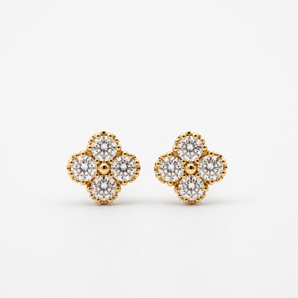 Dainty Clover Moissanite Stud Earrings – 18K Gold Fill