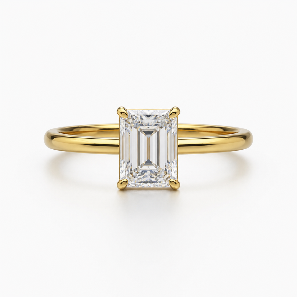 Dainty Emerald-Cut Moissanite Ring – White Gold Finish
