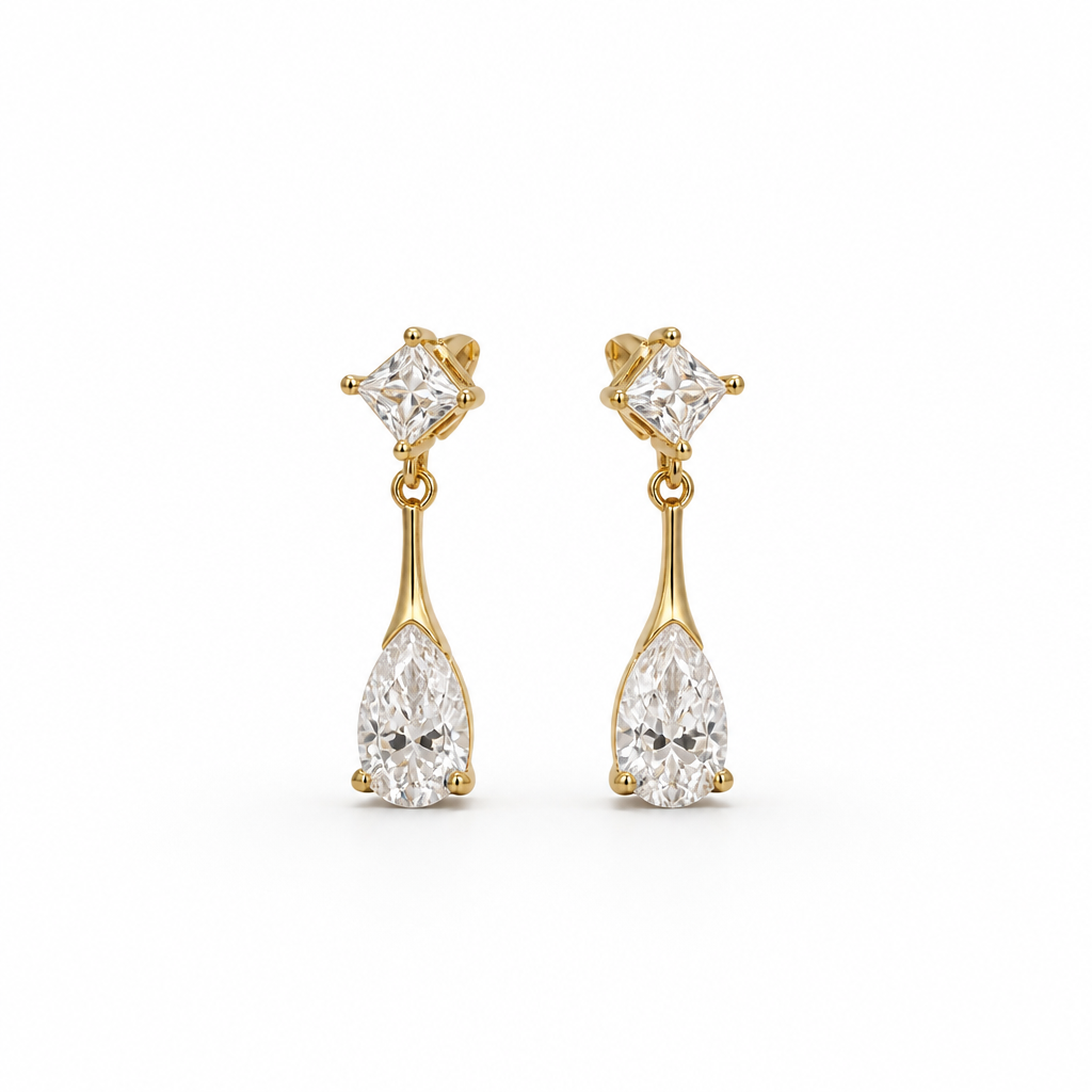 Princess & Pear Moissanite Drop Earrings – 18K Gold Fill