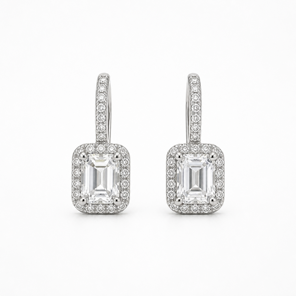 Emerald-Cut Halo Moissanite Huggie Hinged Hoop Earrings – 18K White Gold Fill