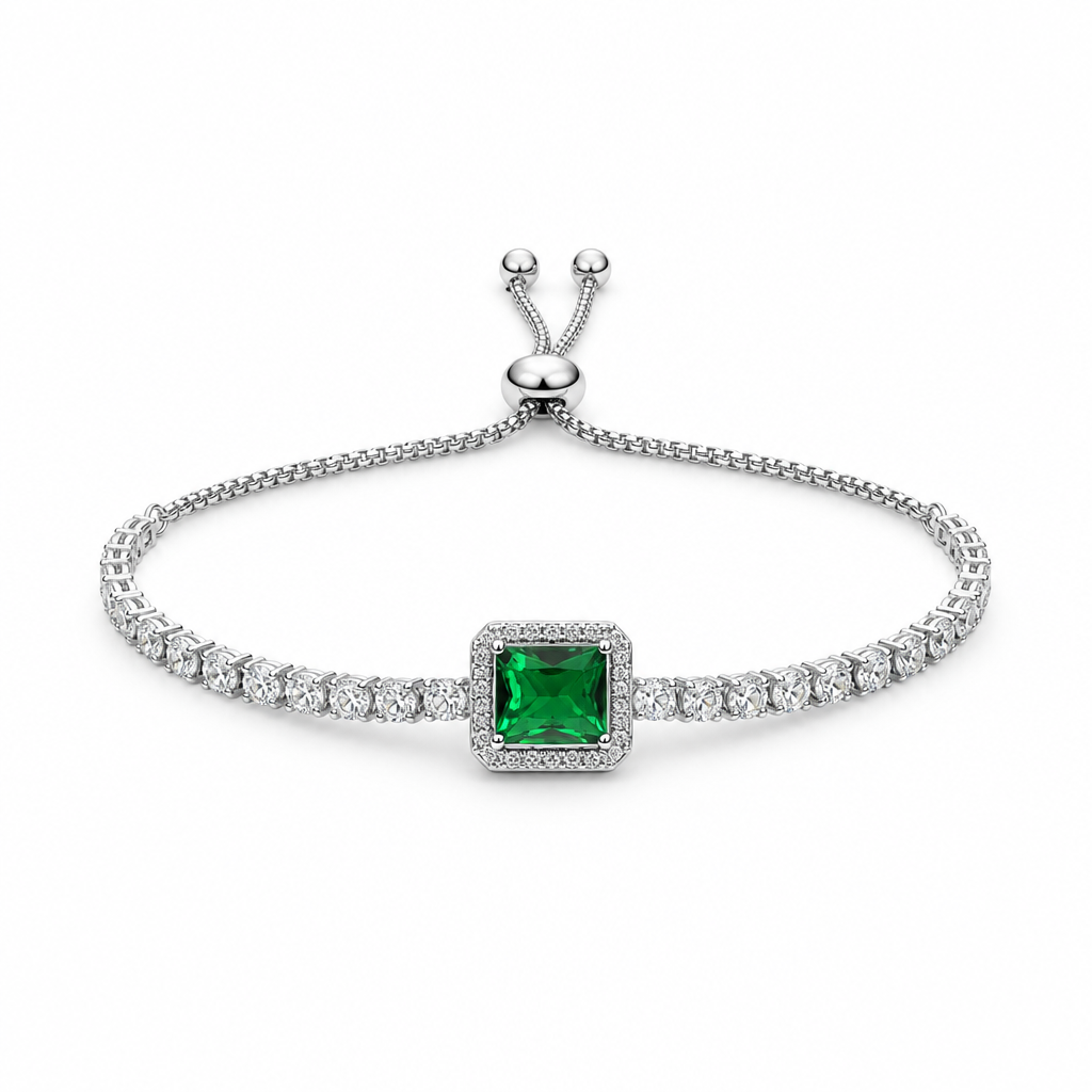Emerald-Cut Green Moissanite Tennis Bolo Bracelet – 18K White Gold Fill