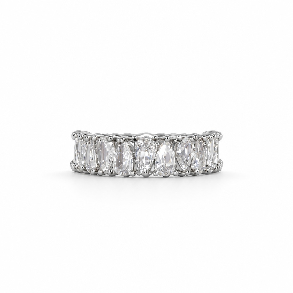 Pear Cut Moissanite Eternity Ring – 18K White Gold Fill