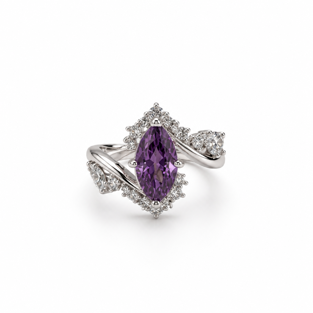 Marquise-Cut Purple Moissanite Halo Ring – 18K White Gold Fill