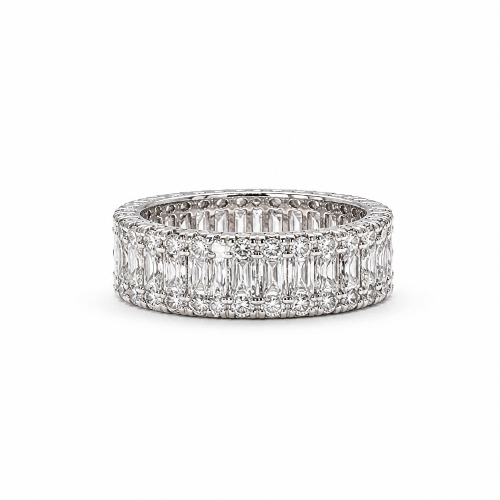 Double Row Baguette Moissanite Eternity Ring – 18K White Gold Fill