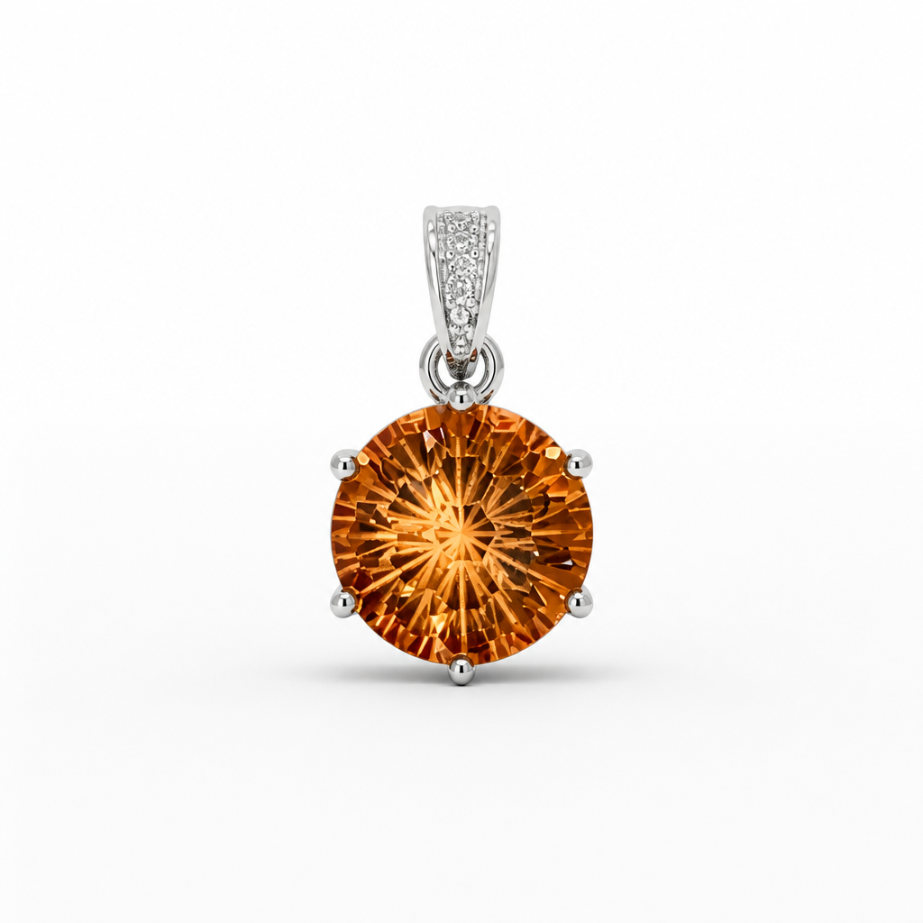 Round Sunburst Orange Moissanite Pendant – 18K White Gold Fill