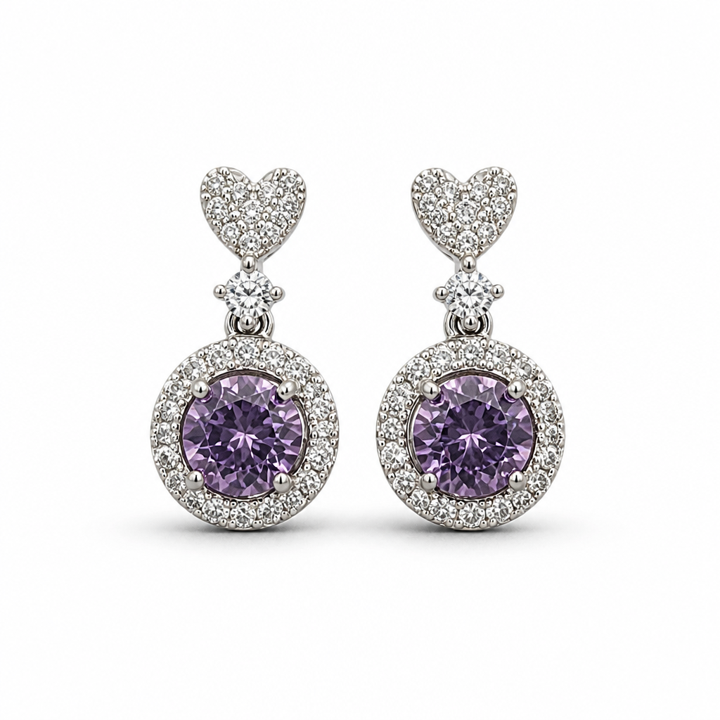 Heart Halo Purple Moissanite Drop Earrings – 18K White Gold Fill